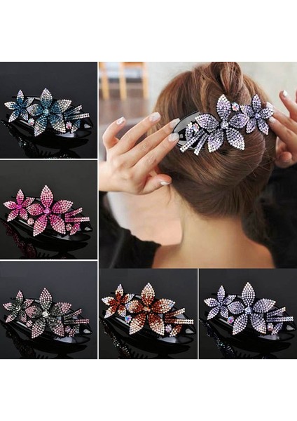 H01. 6 Renk Taşlı Çift Çiçek Saç Tokası Esnek Dayanıklı Kadın Saç Dovetail Toka Kristal Tokalar Kadın Modası (Yurt Dışından) fiyatları