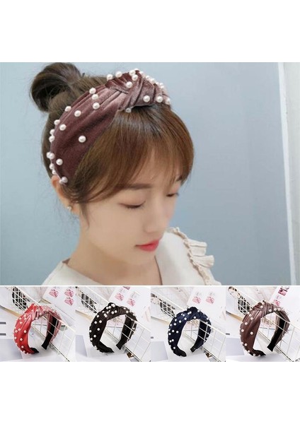 6(Saten Malzeme) 22 Stil Kadın Inci Kadife Saç Bandı Tatlı Düğüm Taç Saç Hoop Kızlar Saç Aksesuarları (Yurt Dışından)