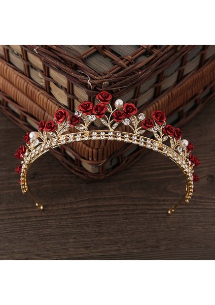 Vintage Şık Taç Saç Aksesuarları Altın Renk Kırmızı Gül Alaşım Taç Gelin Taçı Saç Tacı Diadem (Yurt Dışından) fiyatları