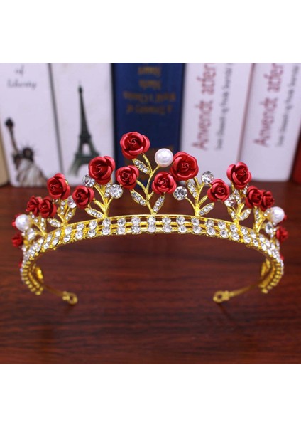 Vintage Şık Taç Saç Aksesuarları Altın Renk Kırmızı Gül Alaşım Taç Gelin Taçı Saç Tacı Diadem (Yurt Dışından) modelleri