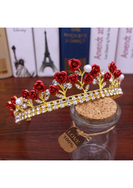 Vintage Şık Taç Saç Aksesuarları Altın Renk Kırmızı Gül Alaşım Taç Gelin Taçı Saç Tacı Diadem (Yurt Dışından) fırsatları