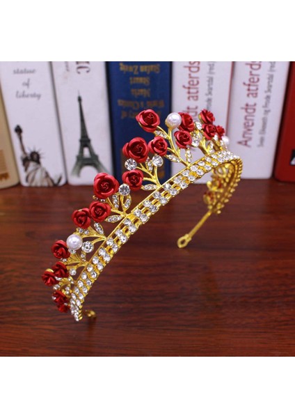 Vintage Şık Taç Saç Aksesuarları Altın Renk Kırmızı Gül Alaşım Taç Gelin Taçı Saç Tacı Diadem (Yurt Dışından) indirimleri