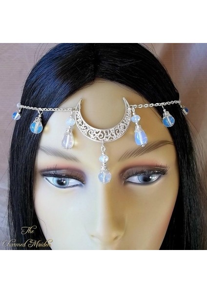Beyaz Stil Gümüş Opalit Ay Tacı, Ay Taç, Tacı, Ay Tanrıçası, Pagan, Wiccan, Wicca, Festival, El Ayak Bağı, Baş Takı, Düğün (Yurt Dışından)