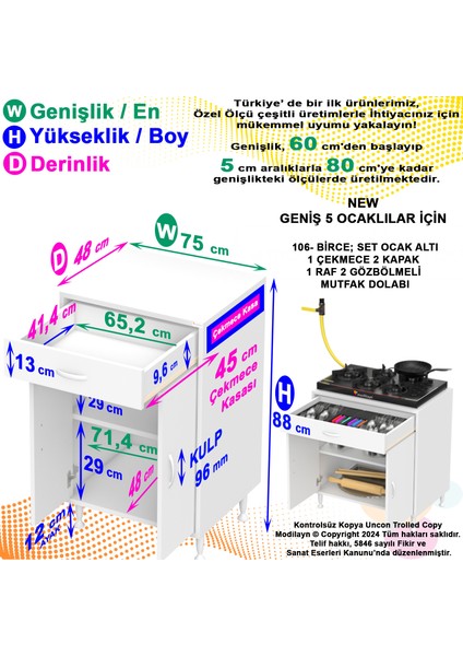 BİRCE XXL-75 x 87 x 48 cm Kapaklı Set Ocak Altı Çekmeceli Çok Amaçlı Mutfak & Banyo Dolabı