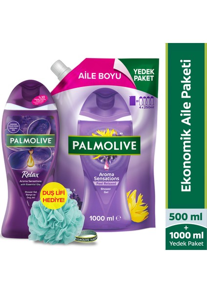 Aroma Sensations Feel Relaxed Duş Jeli 1000 Ml, Palmolive Duş Jeli 500 ml + Duş Lifi