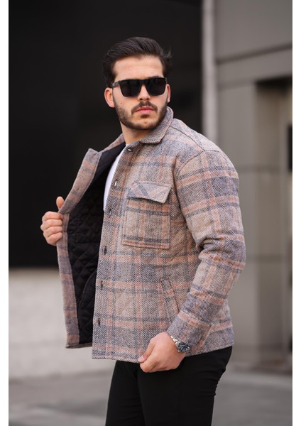 Kiremit Bej Kareli Kapitone Detaylı Regular Fit CEKET-2453