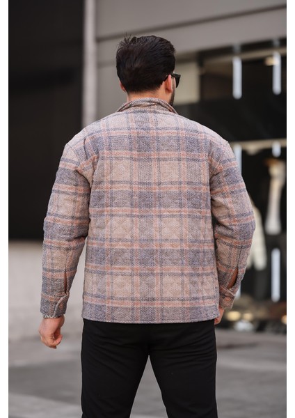 Kiremit Bej Kareli Kapitone Detaylı Regular Fit CEKET-2453
