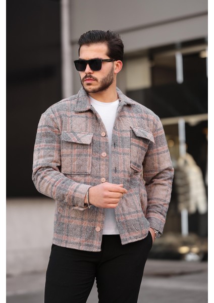 Kiremit Bej Kareli Kapitone Detaylı Regular Fit CEKET-2453