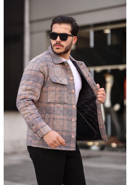 Kiremit Bej Kareli Kapitone Detaylı Regular Fit CEKET-2453
