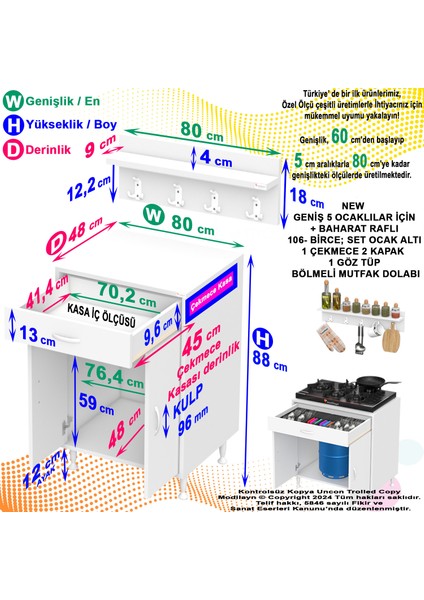 BİRCE XXXL-80 x 87 x 48 cm Tüp Bölmeli Set Ocak Altı Dolap ve Baharat Rafı