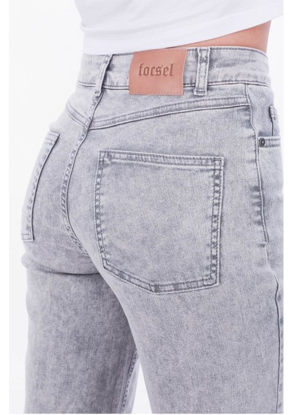 Gri Regular Fit Yüksek Bel Kadın Jeans Pantolon, Klasik Kot Pantolon