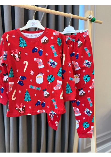 Babyaden Yeni Yıl Noel Yılbaşı Pijama Partisi Pamuklu Unisex Kız Erkek Çocuk Pijama Takımı