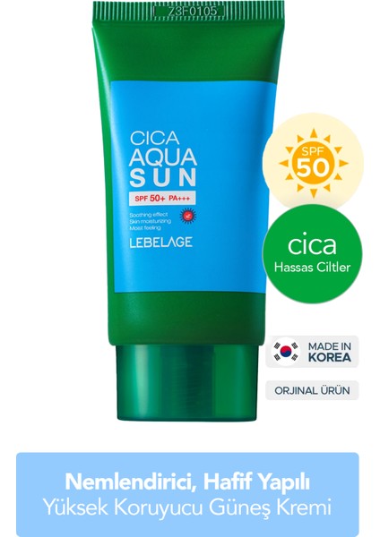 Nemlendirici, Hassas ve Hafif Yapılı Kore Güneş Kremi Lebelage Cica Aqua Sun SPF50+ Pa+++ 30ML