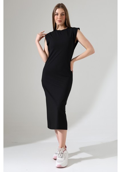 Arkası Yırtmaçlı Fitilli Kumaş Elbise 21908 Siyah