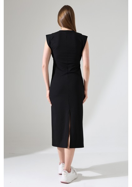 Arkası Yırtmaçlı Fitilli Kumaş Elbise 21908 Siyah fırsatları