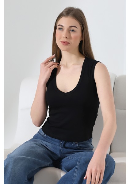 V Yaka Kolsuz T-Shirt 21899 Siyah modelleri