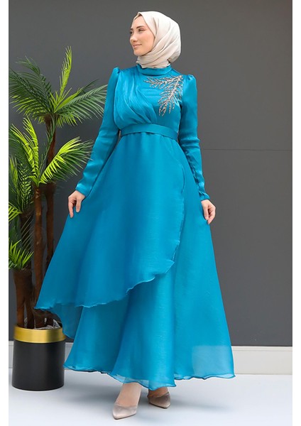 Taşlı Organze Abiye Fuşya