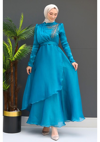 Taşlı Organze Abiye Fuşya
