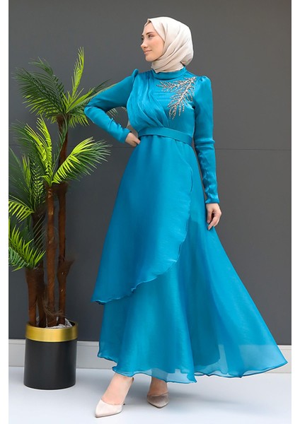 Taşlı Organze Abiye Fuşya