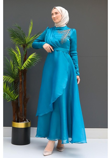 Taşlı Organze Abiye Fuşya