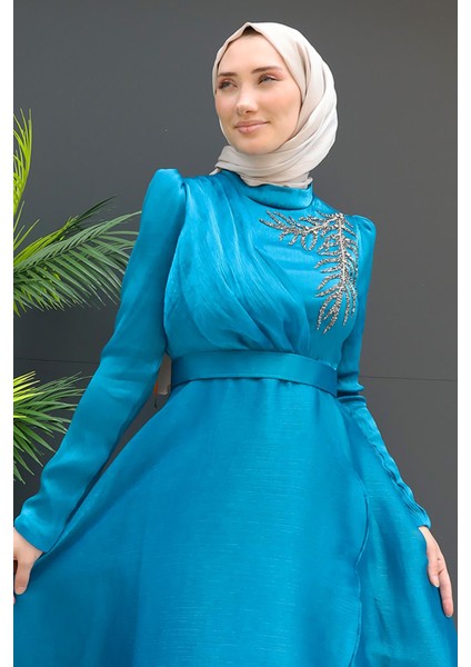 Taşlı Organze Abiye Fuşya