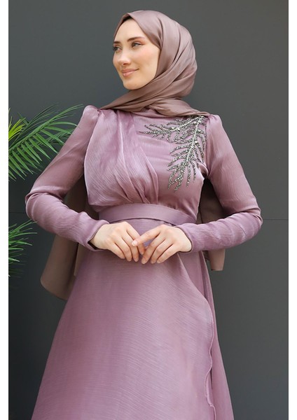 Taşlı Organze Abiye Açık Gül Kurusu