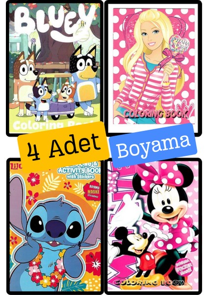 4'lü Bluey Karakterleri Mickey Mouse Barbie Min Boyama Kitabı Seti(Boyama, Sticker, Arka Kapak Maske)