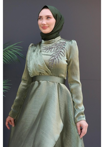 Taşlı Organze Abiye Fuşya