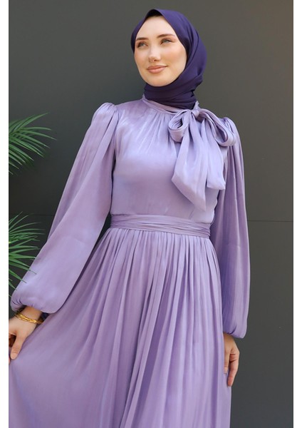 Yakası Bağlamalı Ipek Elbise Lila