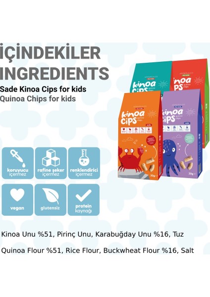 Sade Kinoa Cipsi For Kids Glutensiz Vegan Yağsız Cips Çocuklara Özel Ambalaj Bebek Ahtapot 20 gr