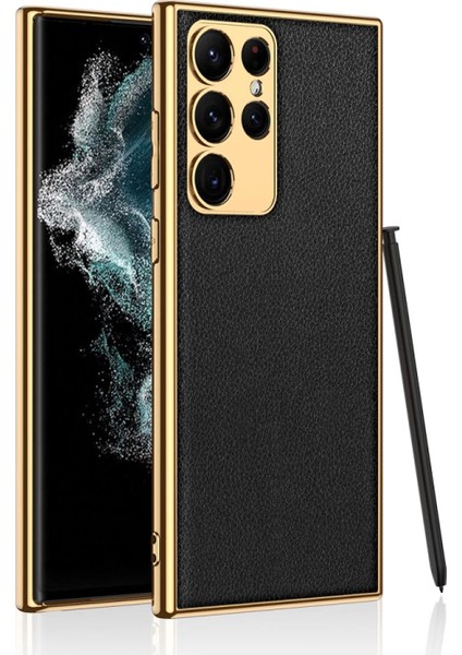 Samsung Galaxy S23 Ultra Kılıf Deri Görünümlü Kenarları Elektroplating Kaplama Fizyon Kapak