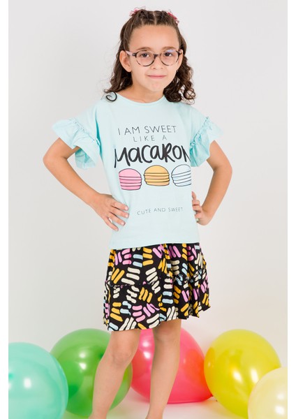 Kız Çocuk Tshirt Etek Takım Makaron Baskılı B23