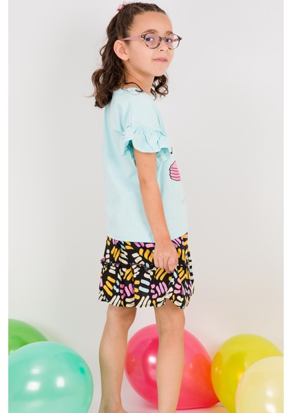 Kız Çocuk Tshirt Etek Takım Makaron Baskılı B23