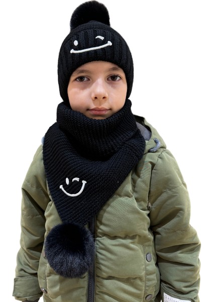 Benittokids Çocuk Gülen Yüz Detaylı Bere Atkı Takımı 7016