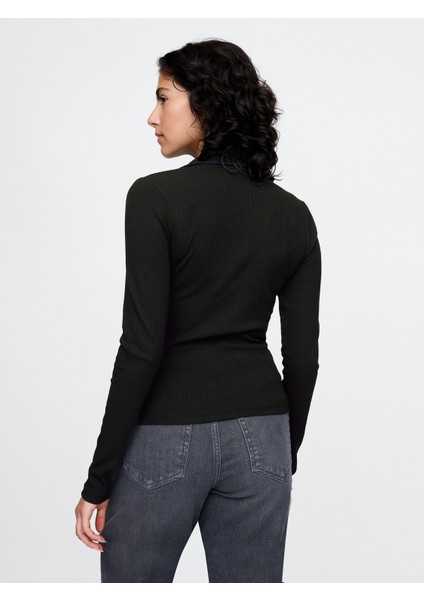 Kadın Siyah Modern Fitilli Yarım Fermuarlı T-Shirt fırsatları