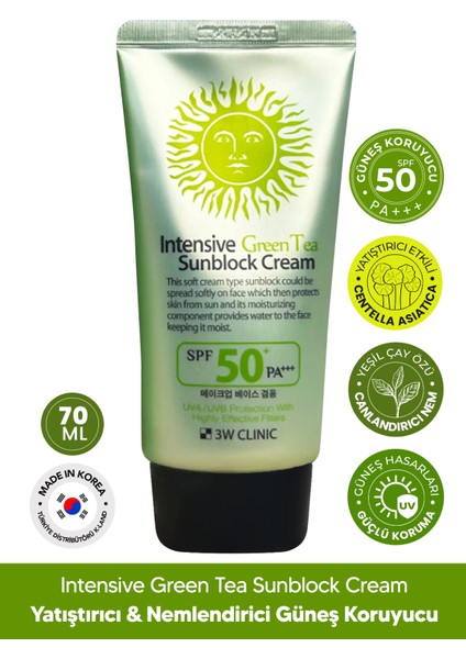 Yatıştırıcı ve Nemlendirici Yeşil Çay Içeren Büyük Boy Güneş Koruyucu 3W Clinic Spf 50+ Pa +++ 70ml