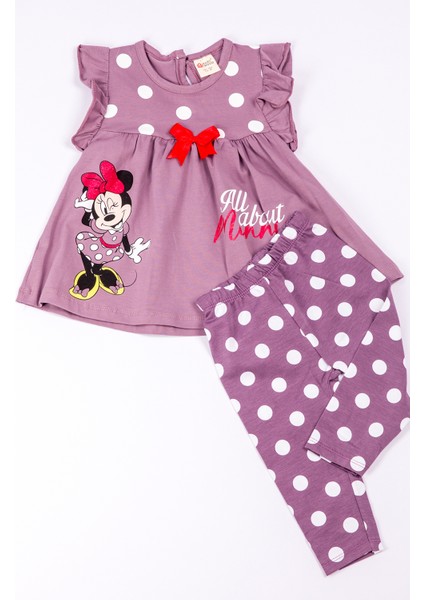 Kız Çocuk Takım Kapri Taytlı Minnie Mouse Baskılı Puantiyeli B6