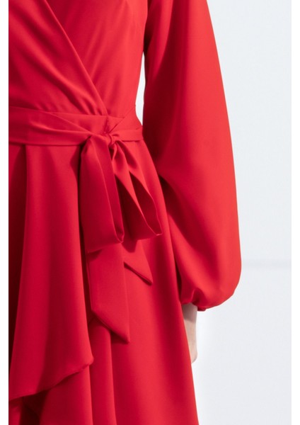Paris | Kuşaklı Mini Kloş Elbise Kruvaze Yaka Uzun Balon Kol Katlı Kloş Etek - Kırmızı fiyatları