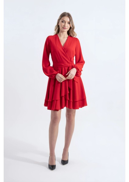 Paris | Kuşaklı Mini Kloş Elbise Kruvaze Yaka Uzun Balon Kol Katlı Kloş Etek - Kırmızı modelleri
