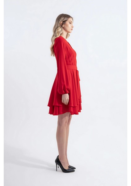 Paris | Kuşaklı Mini Kloş Elbise Kruvaze Yaka Uzun Balon Kol Katlı Kloş Etek - Kırmızı fırsatları