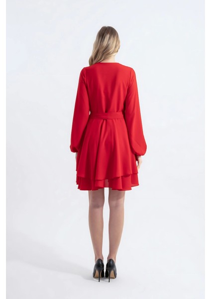 Paris | Kuşaklı Mini Kloş Elbise Kruvaze Yaka Uzun Balon Kol Katlı Kloş Etek - Kırmızı indirimleri