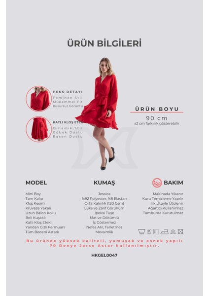 Paris | Kuşaklı Mini Kloş Elbise Kruvaze Yaka Uzun Balon Kol Katlı Kloş Etek - Kırmızı