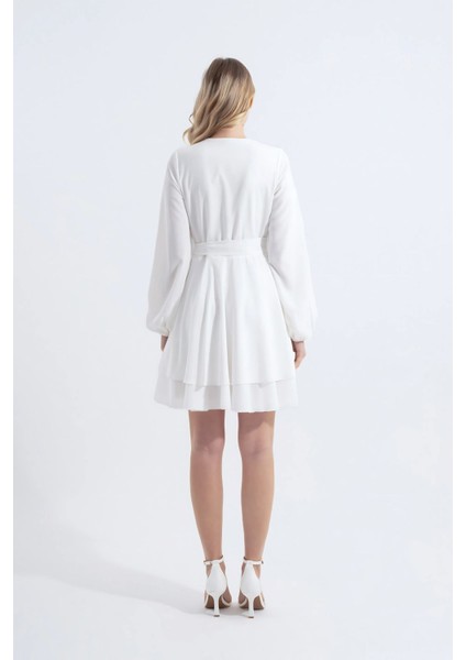 Paris | Kuşaklı Mini Kloş Elbise Kruvaze Yaka Uzun Balon Kol Katlı Kloş Etek - Beyaz indirimleri