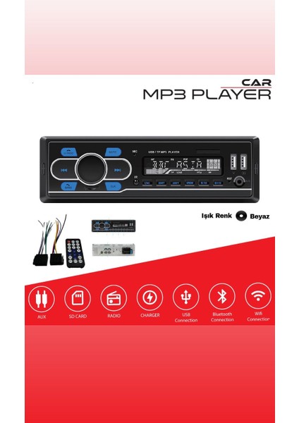 Oto Teyp Usb+Bluetooth+Wifi+Aux+Sdcard+Radio 12V Beyaz Işık