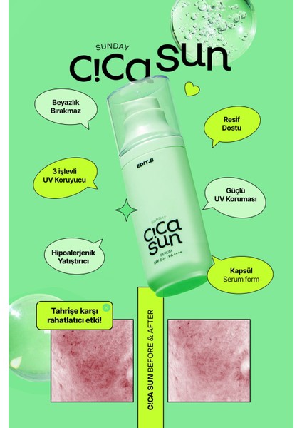 Cica ve Hyalüronik Asit Içeren Nemlendirici SPF50+ Güneş Korumalı Yatıştırıcı Edıt.b Sun Serum 55 ml modelleri