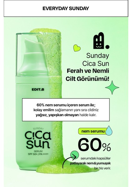 Cica ve Hyalüronik Asit Içeren Nemlendirici SPF50+ Güneş Korumalı Yatıştırıcı Edıt.b Sun Serum 55 ml fırsatları