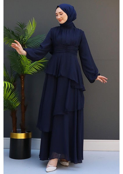 Bel Detay Katlı Elbise Lacivert fiyatları