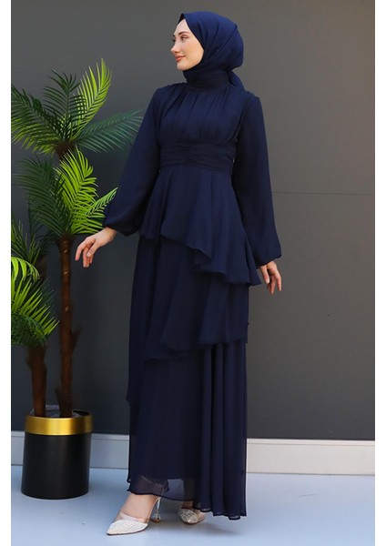 Bel Detay Katlı Elbise Lacivert modelleri