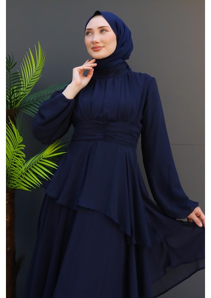 Bel Detay Katlı Elbise Lacivert indirimleri