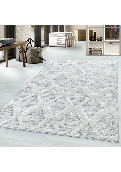 Modern Iskandinav Yumuşak Bukle Kabartmalı Kare Desenli Halı Gri Oturma Odası Salon Mutfak Halısı